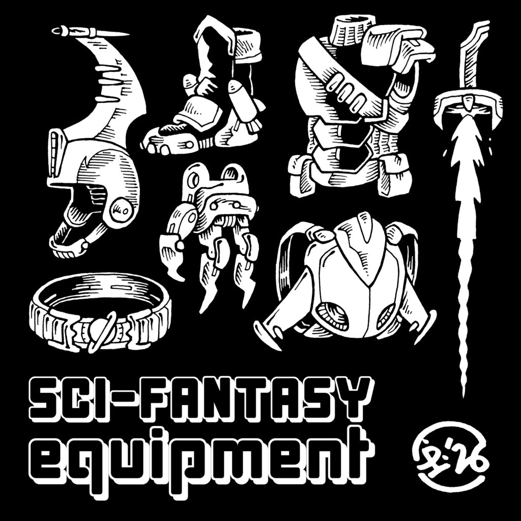 A collection of sci-fantasy items, traditionally hand drawn in black and white. They include rocket boots, a jetpack, a mechanical gauntlet and an energy sword.