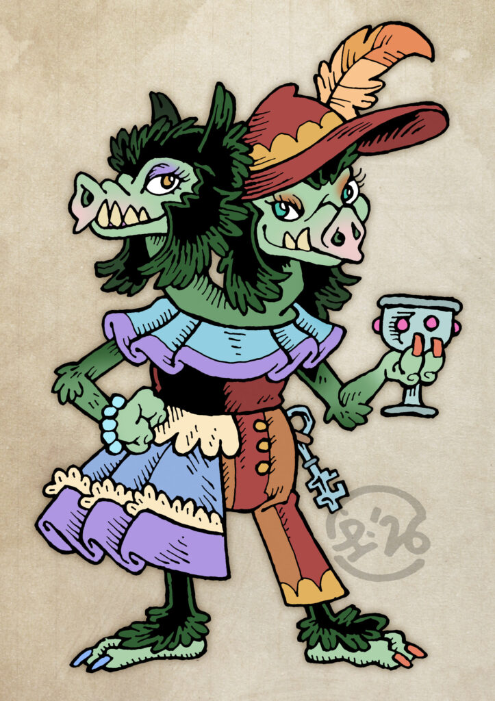 Traditionally hand drawn, digitally coloured character illustration. A short, two-headed creature covered in scruffy green fur. They are wearing an asymmetrical outfit, with a spring palette on the left side, and am autumnal coloured hat, shirt and trousers on the right. They are wearing make-up, holding a jeweled goblet and a large key hangs from their side.
