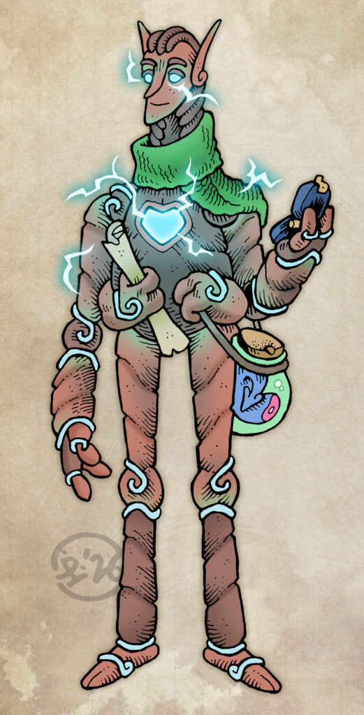 Traditionally hand drawn, digitally coloured character illustration. A tall and slender clay construct with elf-like facial features and two small extra arms on his lower torso. A heart-shaped window on his chest emanates crackling blue electricity. He is wearing a green knitted scarf, and holding a compass and map. A large jar containing the preserved severed tail of a reptilian creature hangs from his side.
