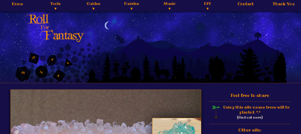 Screenshot of the RollForFantasy.son homepage. It features a starry blue sky, with silhouetted trees, mountains and a dragon. A crescent moon glows faintly.