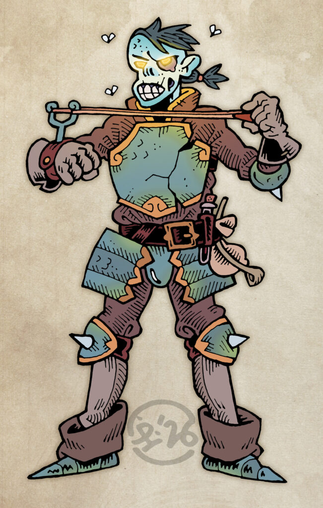 Traditionally hand drawn, digitally coloured character illustration. A gaunt ghoul-like human, wearing ramshackle and damaged armour. His eyes are glowing with golden light and he is readying to fire his wrist-mounted slingshot. On his belt are a pouch, a pipe and a vial of blood.