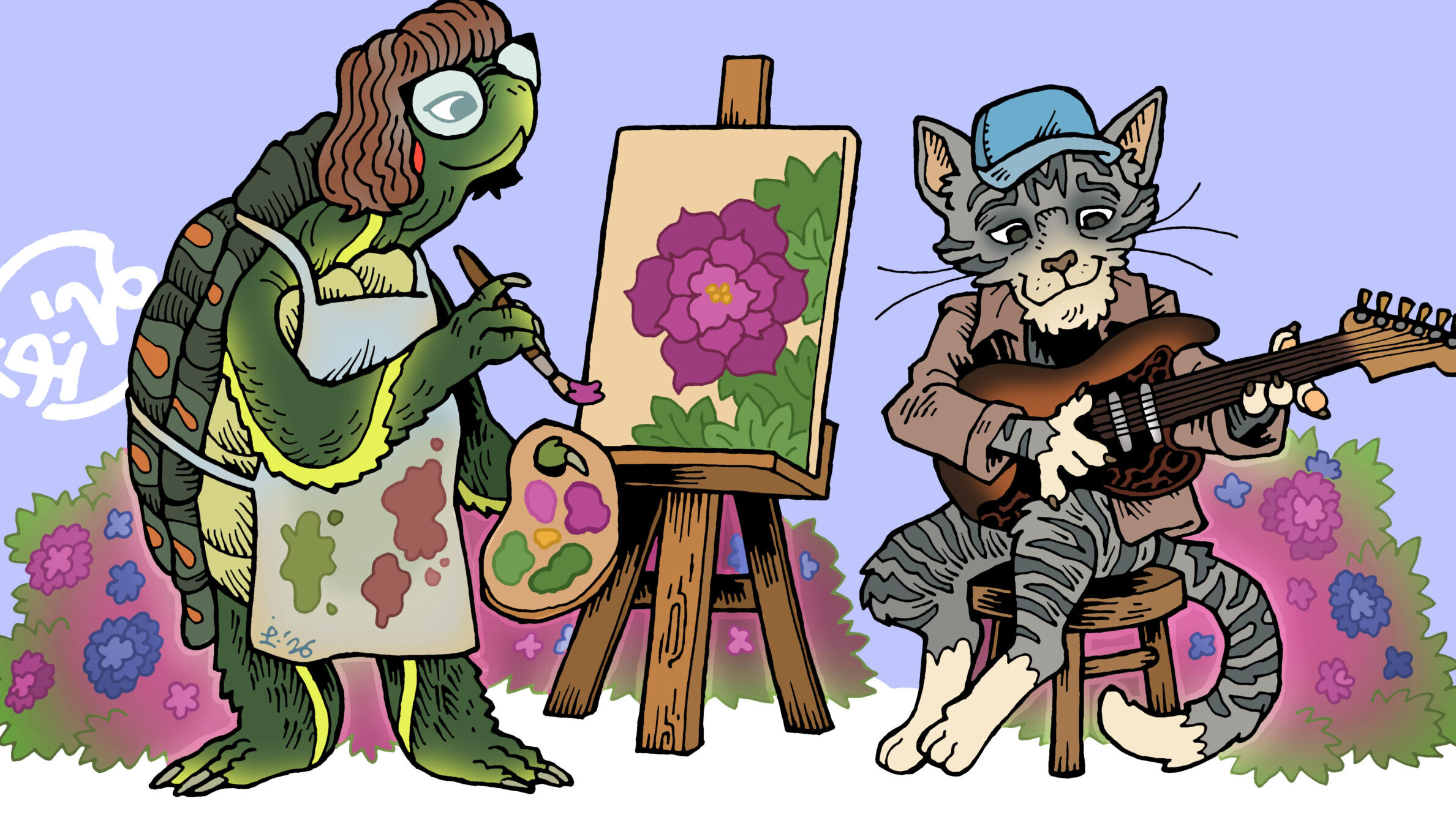 A turtle with short reddish-brown hair, wearing glasses and a paint-spattered apron, paints a purple hydrangea on a canvas. Beside her, a grey striped cat in a shirt and baseball cap plays an electric guitar. They are surrounded by pink and blue hydrangea bushes.