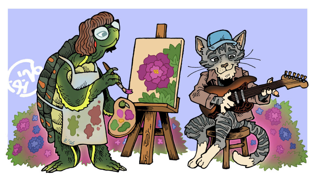 A turtle with short reddish-brown hair, wearing glasses and a paint-spattered apron, paints a purple hydrangea on a canvas. Beside her, a grey striped cat in a shirt and baseball cap plays an electric guitar. They are surrounded by pink and blue hydrangea bushes.