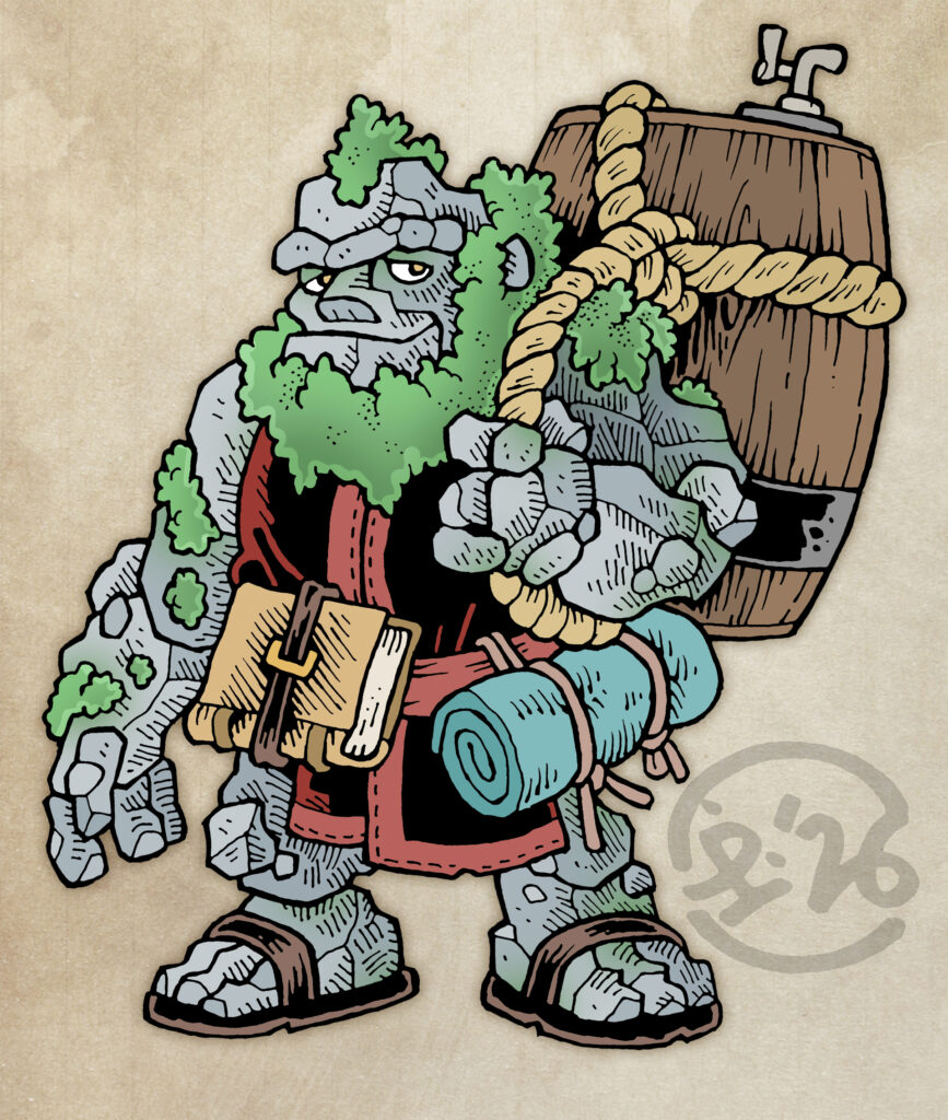 Traditionally hand drawn, digitally coloured character illustration. A short and stocky humanoid made of rock and sporting a thick beard of moss. He is wearing a dark red tunic and sandals, with a book and rolled-up blanket on his belt. He is carrying a large barrel of ale on his back via rope sling.