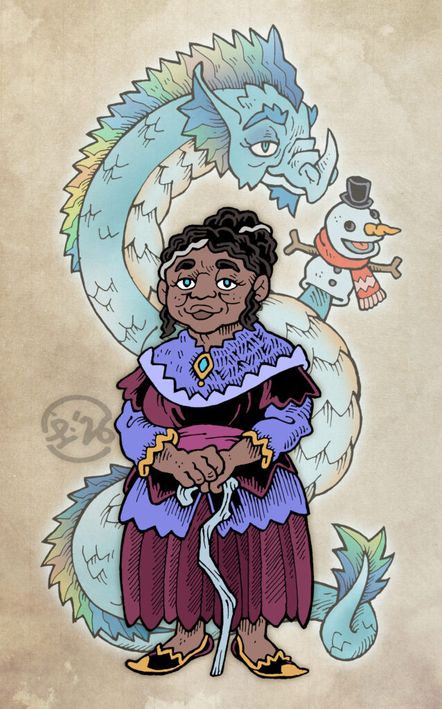 Traditionally hand-drawn, digitally coloured character illustration. An elderly dark-skinned woman with dark wavy hair streaked with grey. She is wearing a layered top and skirt in shades of purple and mauve, and leaning on a pale wooden stick. She has bright blue eyes and a knowing smile. Behind her is her true form: a long, serpentine creature with a rainbow fin along its back and opalescent scales. The draconic creature is smiling and holding up a snowman hand-puppet.