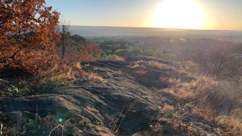 A view from the hilltop of the surrounding hills and plain under the sunrise. The heath-covered rocky hill-top is visible in the foreground.