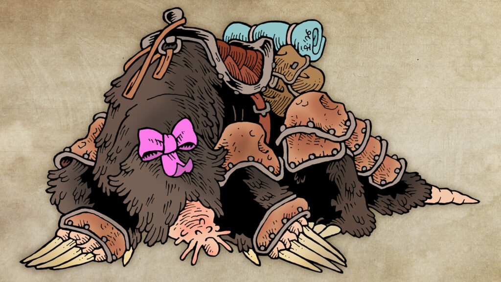 Traditionally hand drawn and digitally coloured creature illustration. A giant mole with shaggy brown fur, wearing dented armour plating, a saddle and a bright pink bow.
