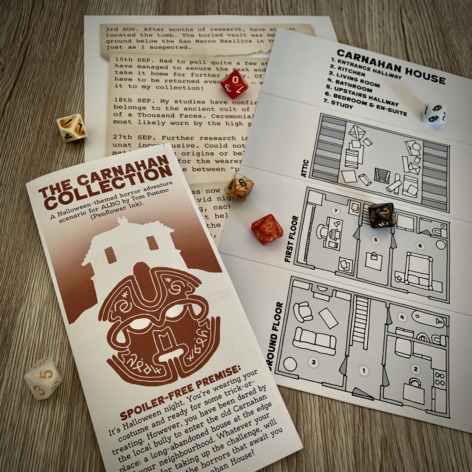 Photo of the printed out trifold, house map and notes.