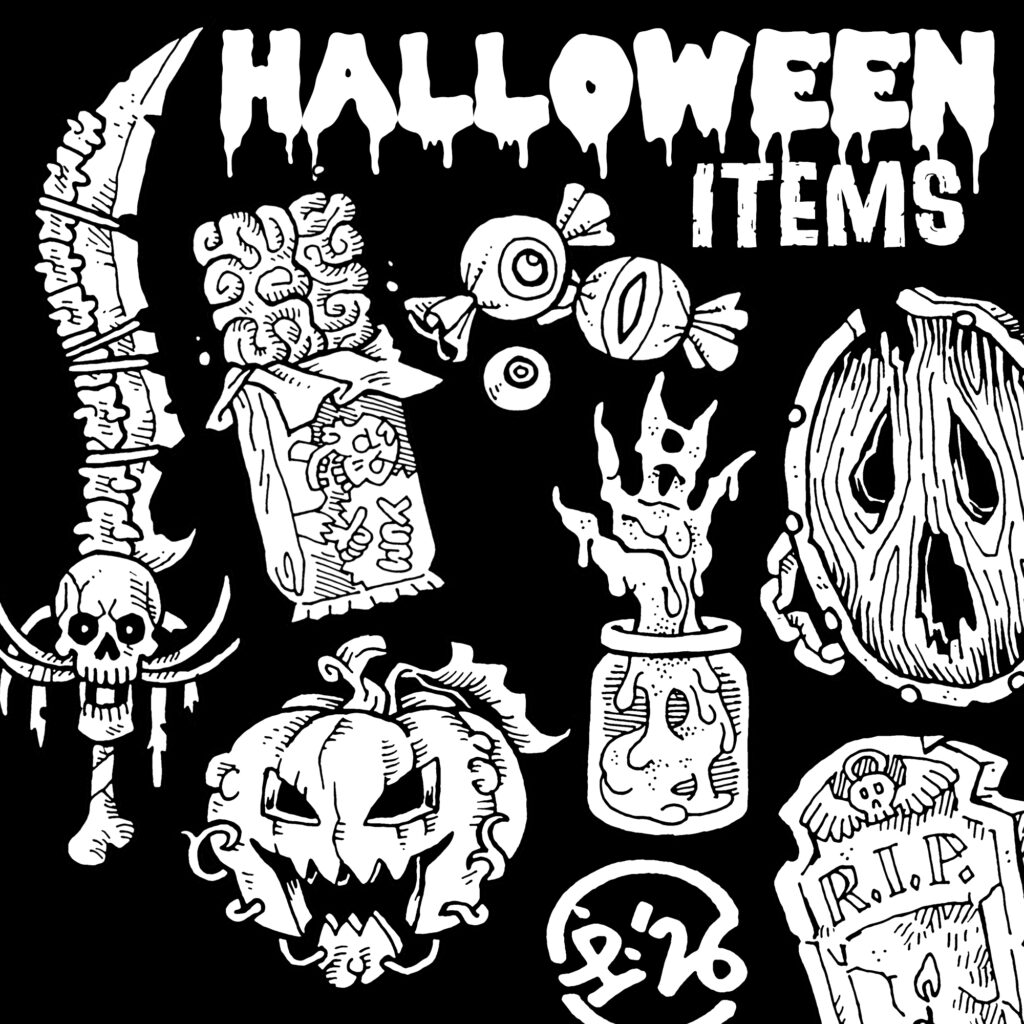 Composite image featuring a collection of traditionally hand drawn black and white items, all of which halloween themed. They include a skeleton sword, a pumpkin helmet, eyeball candy, and a zombie brain energy bar.
