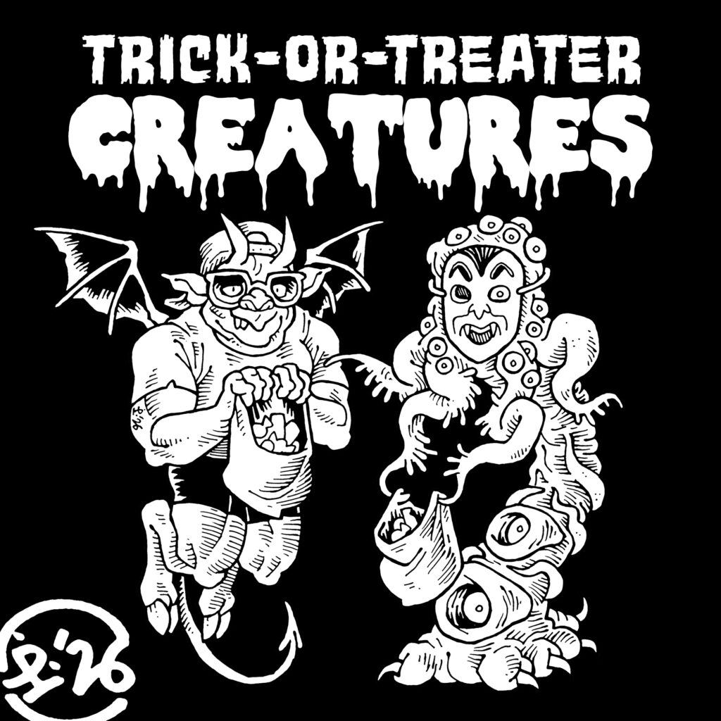 Two traditionally hand drawn black and white creature illustrations. A winged and horned imp wearing a skater dude costume, and an eldritch abomination wearing a vampire mask. Both are holding up bags full of halloween candy.