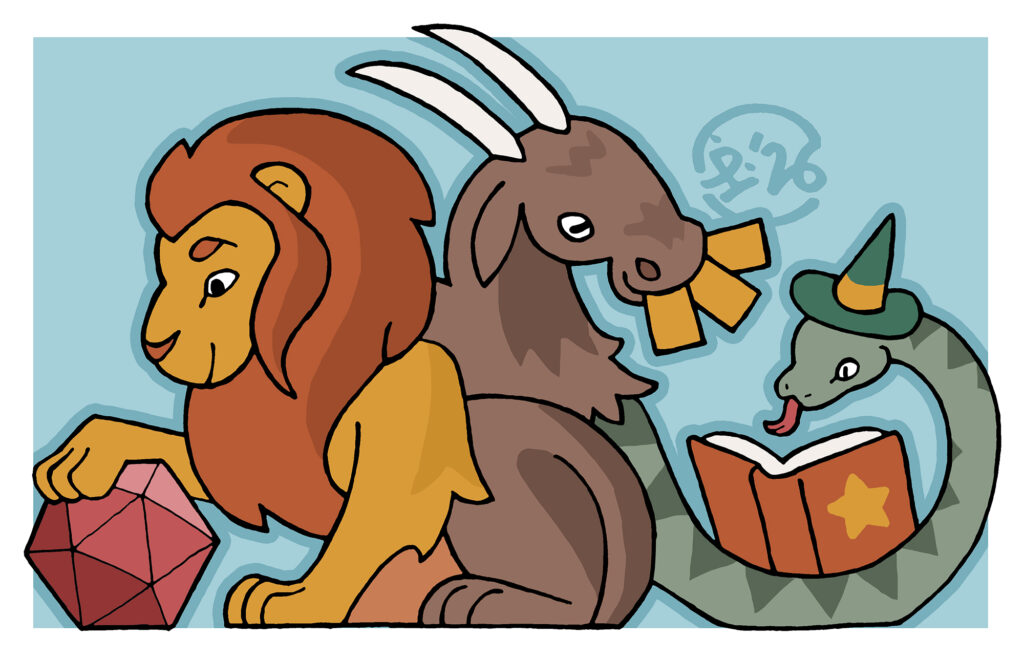 A traditionally hand drawn and digitally coloured illustration of a Chimera. The lion part is holding a large red d20. The goat head has a mouthful of trading cards. The snake tail is wearing a wizard hat and consulting a rule book.