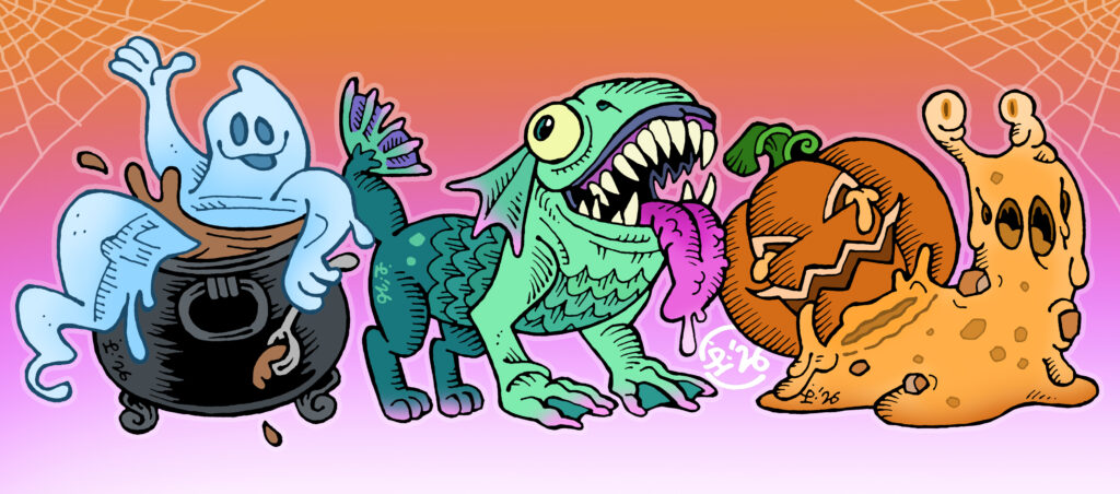 Composite image, featuring three traditionally hand drawn and digitally coloured creature designs. From left to right: a ghost bathing in a cauldron full of soup, a fish/dog hybrid and a snail made of pumpkin innards with a jack-o-lantern as a shell.