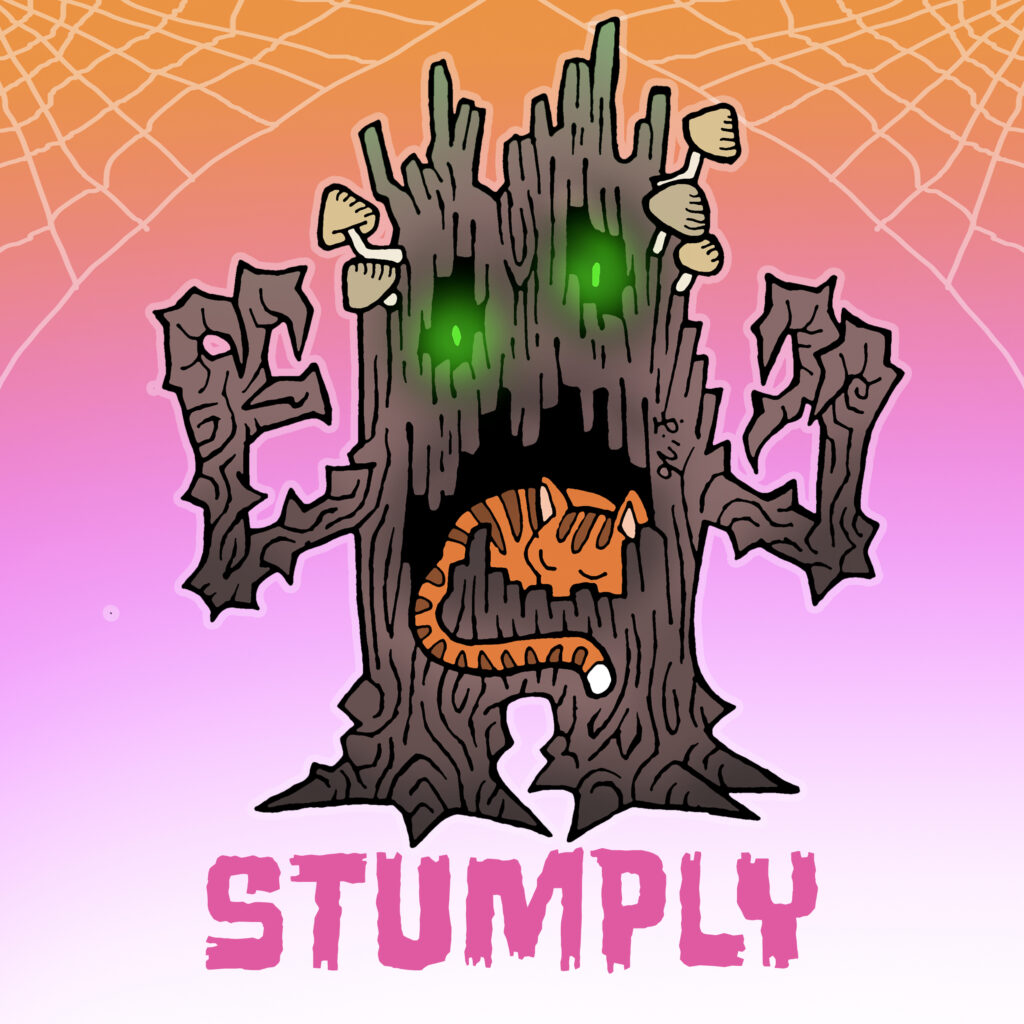 Stumply the haunted tree stump with a cat sleeping in his mouth